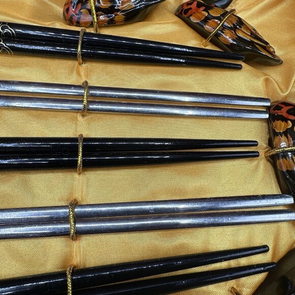 Vintage Chinese Chopsticks Set 5 Pairs w/ Duck Holders Wood & Metal Gift Box - Picture 4 of 9